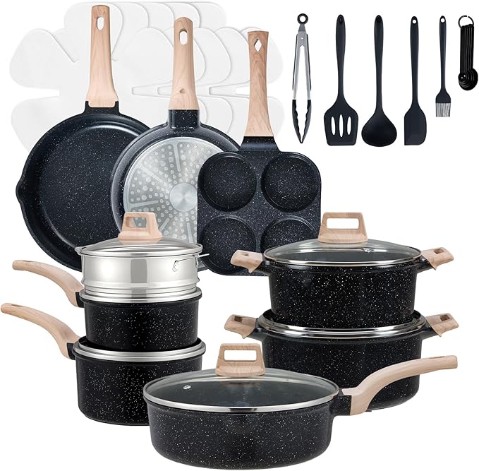 NEWBULIG 25-Piece Nonstick Cookware Set, Granite Pots and Pans with Lids, Induction Compatible Nonstick Cooking Set with Frying Pans & Saucepans, Black
