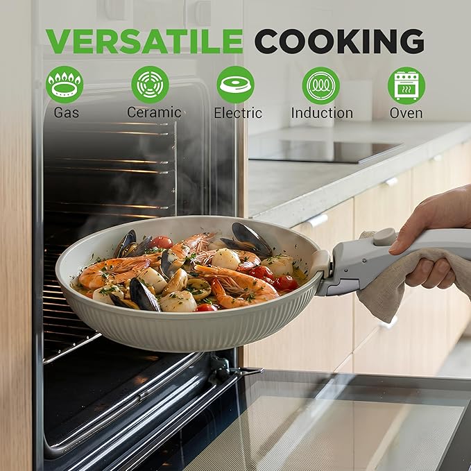 NutriChef 18-Piece Ceramic Cookware Set with Detachable Handles, Non Stick Pots and Pans, PTFE-Free Natural Ceramic Coating, Space-Saving Design, Oven & Stove Safe, Includes Utensils, Green
