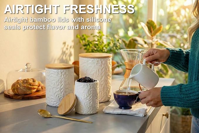 Engraved Design Kitchen Canisters Set of 3 with 74 Oz, 36 Oz, and 18 Oz - White Storage Jars for Countertop with Airtight Bamboo Lids - Large Flour Tea Coffee Sugar Spices Container - Decorative
