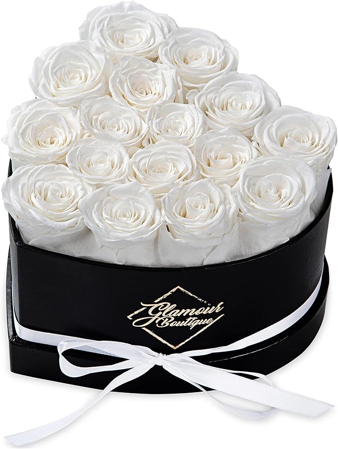 GLAMOUR BOUTIQUE 16 Flower Forever Heart Shape Box, for Mom, Eternal Preserved Roses Gift for Her, Long Lasting Flowers Bouquet, for Birthday, Anniversary and Girlfriend - White