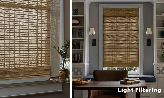 LazBlinds No Tools No Drill Cordless Bamboo Roman Shades, Light Filtering Window Treatment, Roll Up Bamboo Blinds for Windows 38'' W x 64'' H, Dali Native