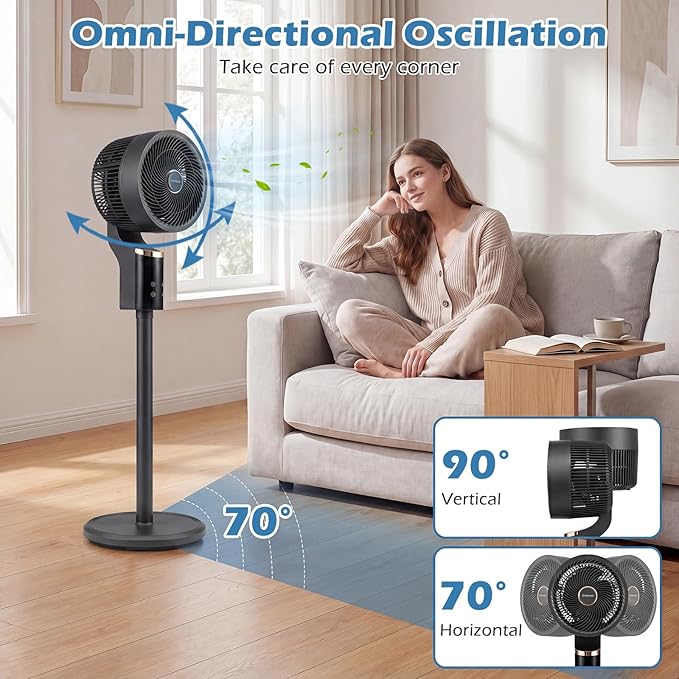 COSTWAY Pedestal Fan for Bedroom, Compact Oscillating Standing Fan with 70° Oscillation, 90° Tilt, 3 Adjustable Heights, 8 Speeds, 12H Timer & Remote, Quiet Table Fan for Home Office (Black)