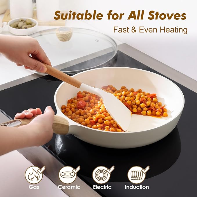 SENSARTE 8inch Ceramic Nonstick Frying Pan Skillet with Lid, White | Non Stick Omelet Pans, Non-toxic Healthy Kitchen Cooking Chefs Pan, PFOA/PFAS/PTFE Free, Induction Compatible