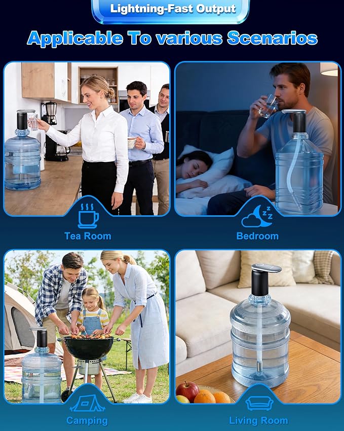 Highest-Output Water Pump for 1/2/3/5 Gallon Bottle, Electric USB C Water Dispenser Whisper-Quiet,Portable Automatic Drinking Jug Pump Rechargeable for Camping Home Office/World Cup Viewing Party
