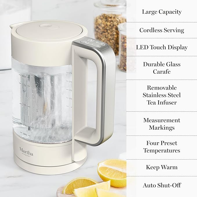 Martha Stewart Electric Kettle with Removable Stainless Steel Tea Infuser, Glass Carafe 1.7L (7 Cups), Hot Water Boiler, 4 Presets, Keep Warm & Auto Shut-Off, Cordless 360° Swivel Base, Linen White