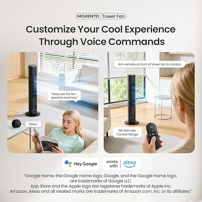 MORENTO Tower Fan for Bedroom, 2026 Upgraded 90° Oscillating 43" Standing Fan with 4 Speeds, 4 Modes, 25ft/s Velocity Bladeless Fan with APP/Voice/Remote/Touch Control, 28dB, 12H Timer, Black 1Pack