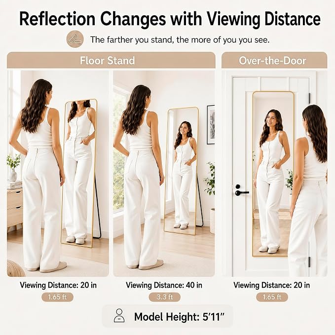 SCWF-GZ 57x20 Full Length Mirror Over The Door Hanging, Floor Stand/Wall Mounted Aluminum Alloy Frame Dressing Mirror for Bedroom Living Room 57 inch Gold