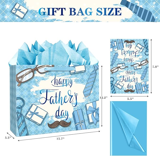 Jaywayang 15.7" Extra Large Happy Father's Day Gift Bag with Card and Tissue Paper (Blue Diamond Grid)