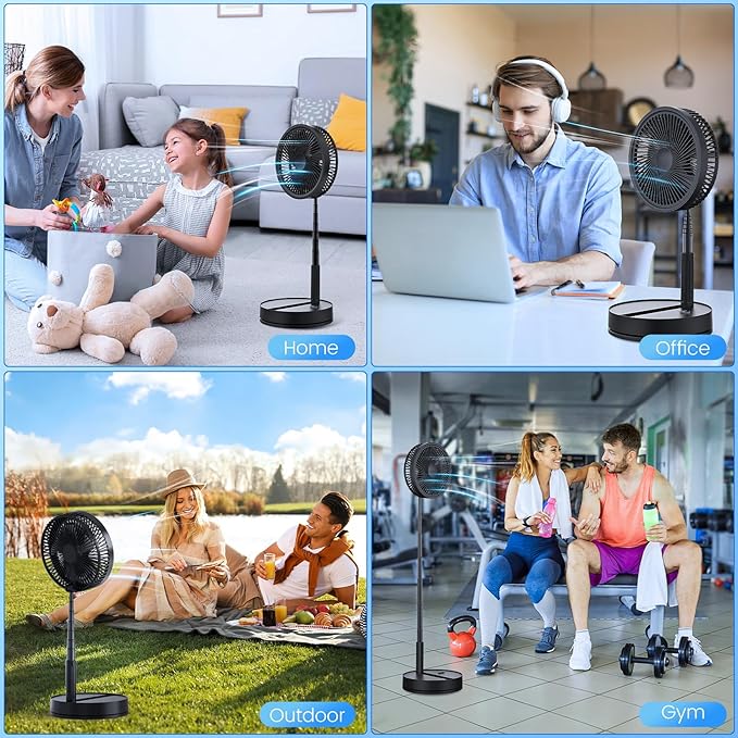LIPETY Portable Foldable Oscillating Fan - 8.6" 8000mah Rechargeable Battery Operated USB C Small Fan with Remote Quiet Table Desk Fan Folding Standing Pedestal Fan for Rome Office Camping Travel