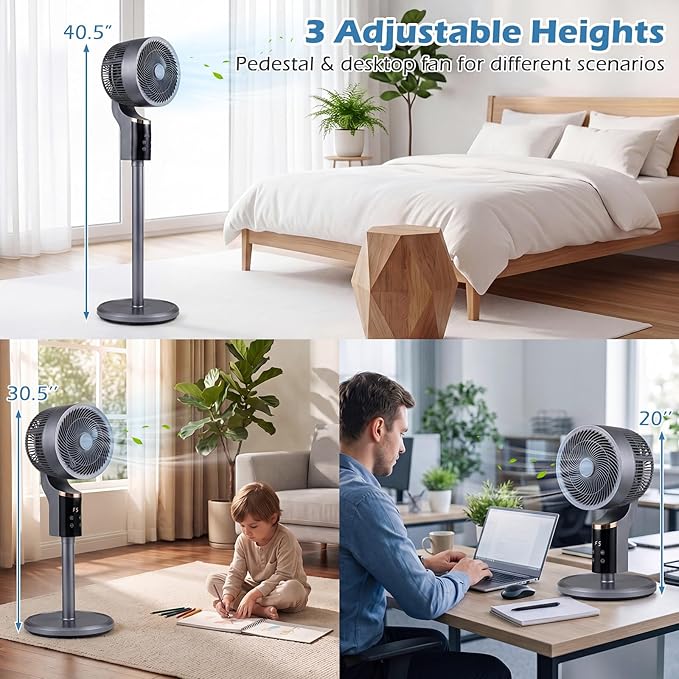 COSTWAY Pedestal Fan for Bedroom, Compact Oscillating Standing Fan with 70° Oscillation, 90° Tilt, 3 Adjustable Heights, 8 Speeds, 12H Timer & Remote, Quiet Table Fan for Home Office (Gray)