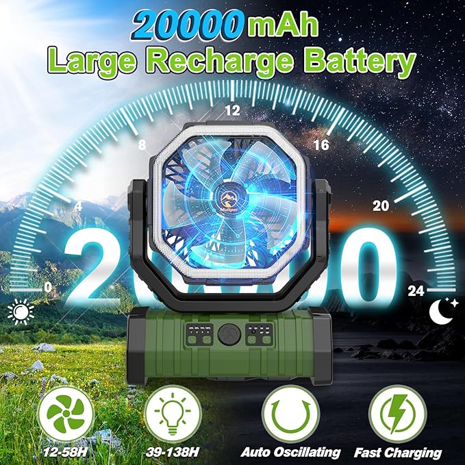 20000mAh Rechargeable Camping Fan, Auto-Oscillating Portable Fan for Camping with Remote & LED Lantern, 4 Speeds Battery Powered Fan with Hanging Hook & Timer for Tent, Travel, Outdoor, Home, RV