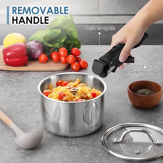 Walchoice 13pcs Stainless Steel Cookware Set, Tri-Ply Pots and Pans Set with Detachable Handles, Cooking Set for RV, Camping, Kitchen, All Stoves Compatible & Dishwasher Safe