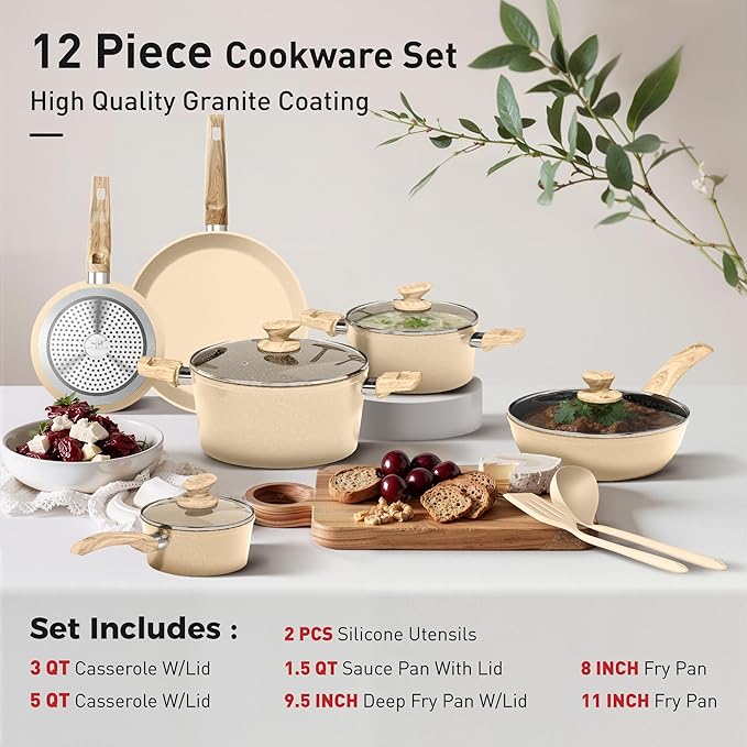 DisDelight Pots and Pans Set Non Stick, Granite Kitchen Cookware Sets for Cooking, Induction Frying Pan Set Nonstick, Cream White