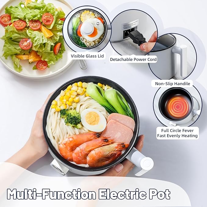 Electric Hot Pot :1.5L Mini Ramen Cooker with Overheat & Boil-Dry Protection, Suitable for Noodles, Soup, Oatmeal, College Dorm Office Travel Essentials (Grey, 1.5L)