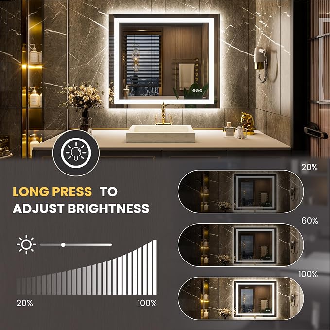 LOAAO 40"X34" LED Bathroom Mirror with Lights, Anti-Fog, Dimmable, Backlit + Front Lit, Lighted Bathroom Vanity Mirror for Wall, Memory Function, Tempered Glass, Safe to Use, ETL Listed