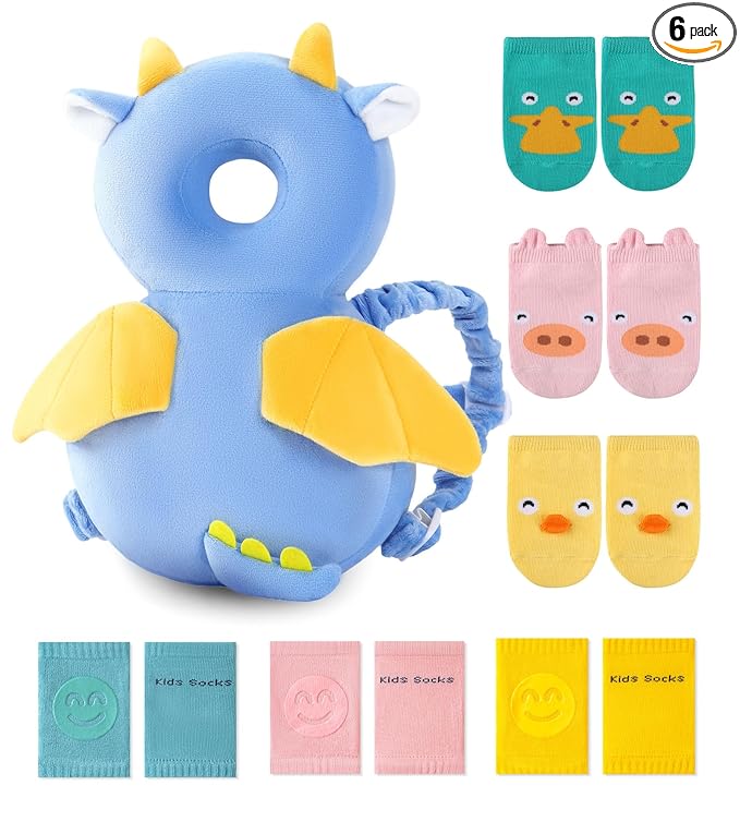 JunNeng Toddler Baby Head Protector Backpack for Toddler Walker with Knee Pads&Anti-Slip Socks, Dinosaur