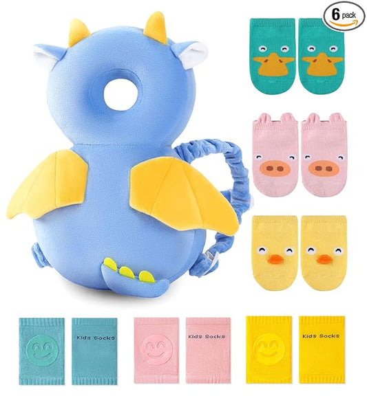 JunNeng Toddler Baby Head Protector Backpack for Toddler Walker with Knee Pads&Anti-Slip Socks, Dinosaur