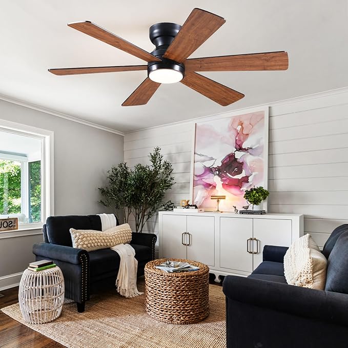Asyko 46" Brown Low Profile Ceiling Fans with Lights and Remote, Modern Indoor Ceiling Fan Light with Quiet Reversible DC Motor, Flush Mount Ceiling Fans with Dimmable LED for Bedroom Kitchen