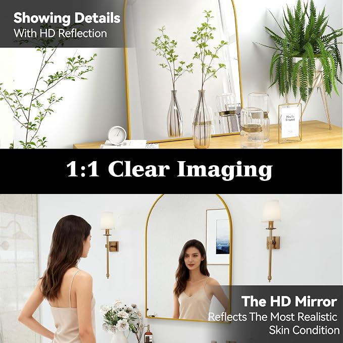 SCWF-GZ 24x36 Arch Mirror Rectangle Full Length Wall Mounted Hanging or Against Wall Metal Aluminum Alloy Frame Dressing Make-up Mirrors for Entryway Bedroom Bathroom Living Room 24 36 inch Gold