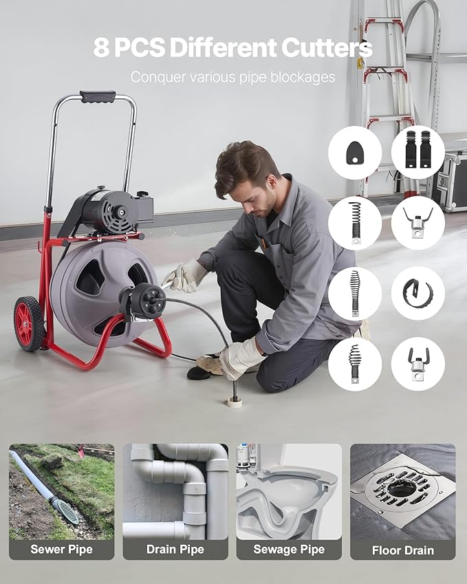 VEVOR Drain Cleaner Machine 100 FT x 3/8 Inch, Auto Feed Sewer Snake Drain Auger on Wheels, Portable Drain Cleaning Machine with 8 Cutters & Air-Activated Foot Switch for 2" to 4" Pipes