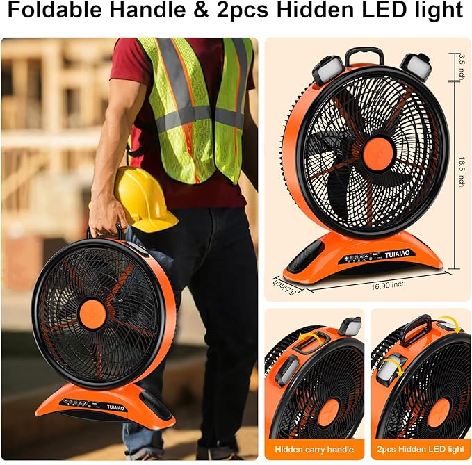 45000mAh Big Battery Powered Camping Fan, 12-Inch Blades Portable Rechargeable Outdoor Fan with LED Light, 3 Speeds Cordless Floor Fan with Remote and Timer for Garage, Patio, RV