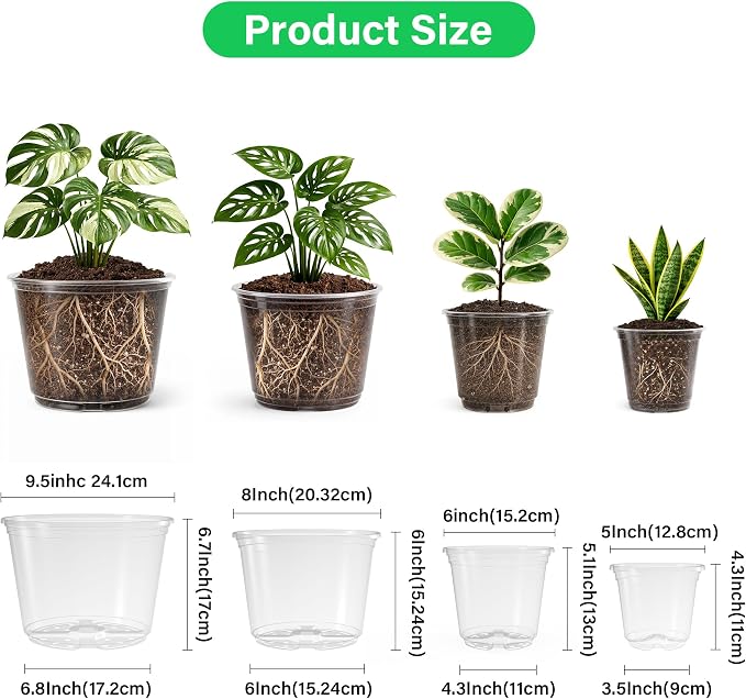 Bluepro Clear Nursery Pots with Drainage Holes, 5/6/8/10 Inch, 16-Pack | Clear PET, 4 Each of Four Large Sizes, Root and Moisture Visibility, Flexible, Reusable, Repotting and Plant Care