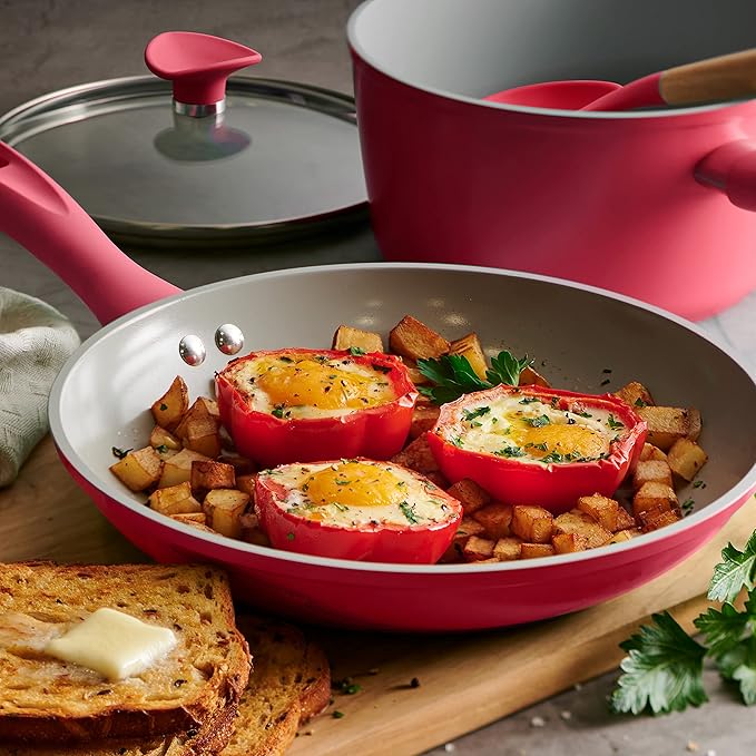 Tramontina Solara 14-Piece Ceramic Non Stick Cookware Set with Lids, Heavy-Gauge Aluminum Pots and Pans Kitchen Set with Nonstick Coating, Dishwasher and Oven Safe (Red)