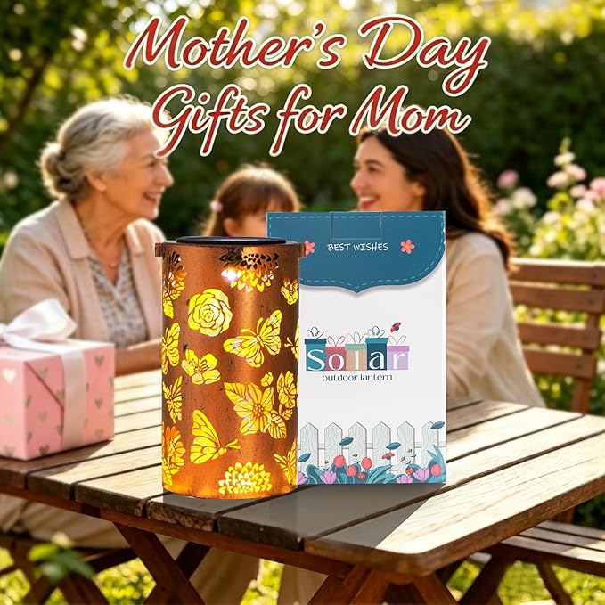 Mothers Day Gifts, Butterfly Flower Birthday Gifts for Women, Solar Lanterns Outdoor Waterproof, Garden Decor Metal Hanging Decorative Solar Lights for Patio, Gardening Gifts for Women Mom Grandma