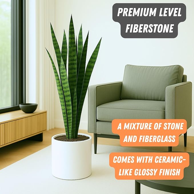 Fox & Fern Large Indoor Planter, Modern Large Plant Pot for Indoor or Outdoor, UV and Frost Resistant - 10 Inch, Glossy White Flower Pot with Drainage Plug, Lightweight