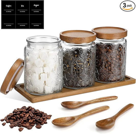 3 Pcs Glass Coffee Container Set with Wooden Lid Spoon Shelf Labels Clear Sugar Tea Airtight Jar Food Storage Canisters Set for Spice Holder Coffee Bar Gifts(Sunflower,24 oz)