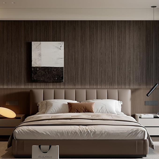 YU LI 3DH Peel and Stick PVC Slat Wall Panel 118"x15.75" Self-Adhesive Thick Faux Smoked Wood Grain Wallpaper Panel 3D Soundproof Wall Panels for Walls & Ceilings