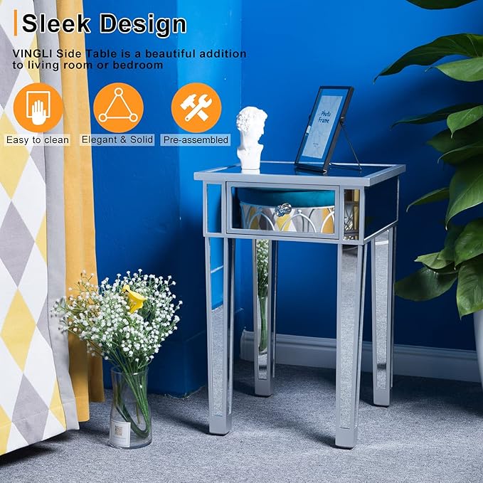 VINGLI Mirrored End Table with Drawer Silver Modern Nightstand/Bedside/Accent Table for Small Space,Living Room,Bedroom,15.7" L x 15.7" W x 24" H,Mirror