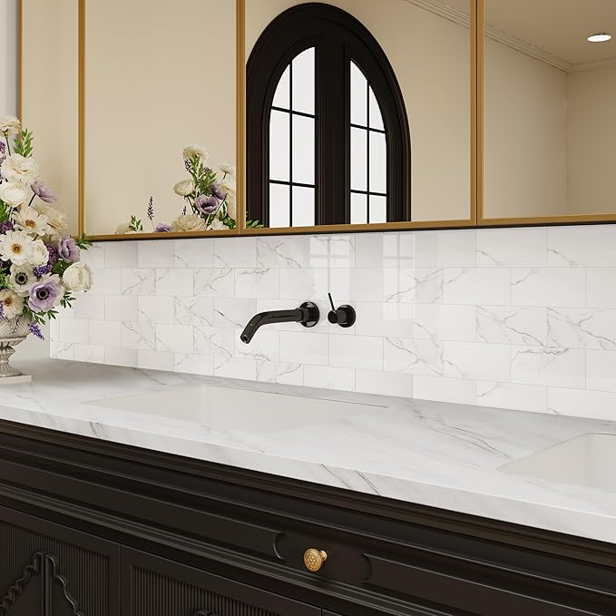 Colamo Luxury 10-Sheet Peel and Stick Backsplash,Self Adhesive Faux Stone 12”x12” White Subway Tile for Kitchen,Glossy Waterproof Carrara Brick Marble Look,Stick on Accent Wall for Bathroom,Bedroom