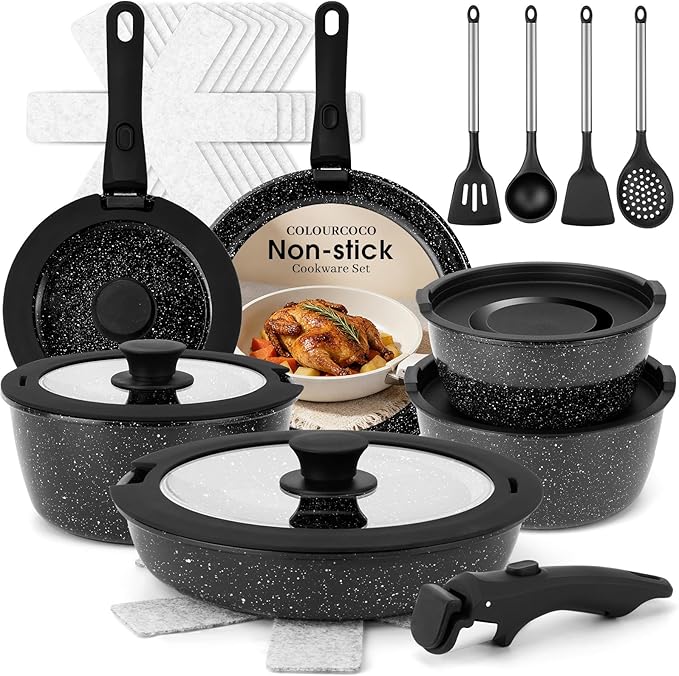 Pots and Pans Set - Non Stick 25 Pieces Cookware Set Pots and Pans with Detachable Handles, Includes Pans, Pots, Utensils, Trivets for Hot Dishes, Lids, Space-Saving Cookware