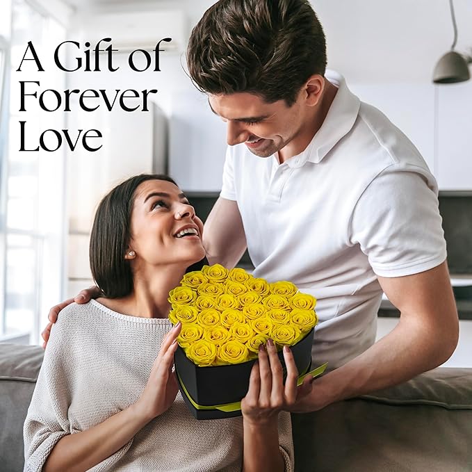 GLAMOUR BOUTIQUE 27 Flower Forever Heart Shape Box, Eternal Preserved Roses Gift for Her, Lasting Flowers, Premium Floral Heart Box for Birthday, Anniversary or Valentine’s Day, Yellow (Color-Treated)
