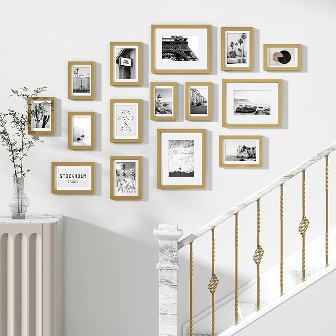 Venusmiles 15 Pack Picture Frames Collage Wall Decor, Gallery Frame Set for Wall Mounting or Tabletop Display, Multi Sizes Including 3pcs 8x10, 6pcs 5x7, 6pcs 4x6, Gold