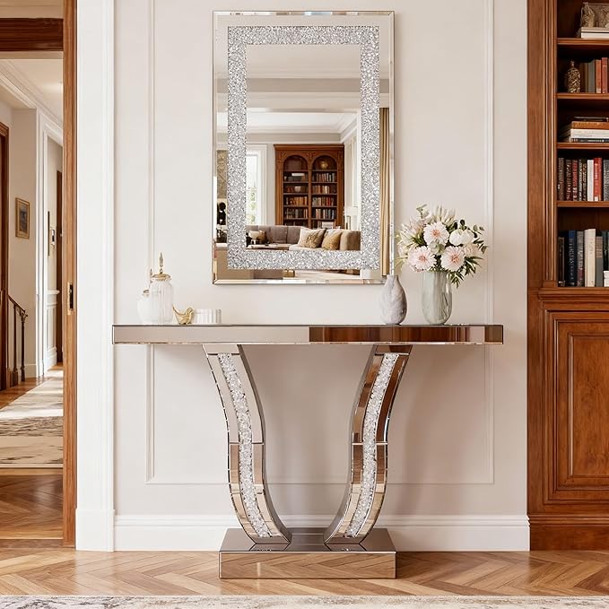 SSLine Modern Mirrored Entryway Table with Rectangle Wall Mirror Set of 2 Luxury Silver Mirror Console Table with 36x24inch Decor Mirror,Crush Diamond U-Shape Hallway Table for Living Room Entrance