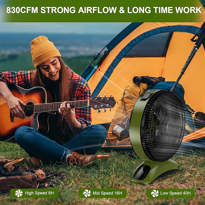 45000mAh Battery Operated Fan with Light, High Velocity Rechargeable Camping Fan, 12-Inch Portable Battery Powered Fan for Tent RV Hurricane, Quiet Use While Charging with Remote Timer, Green