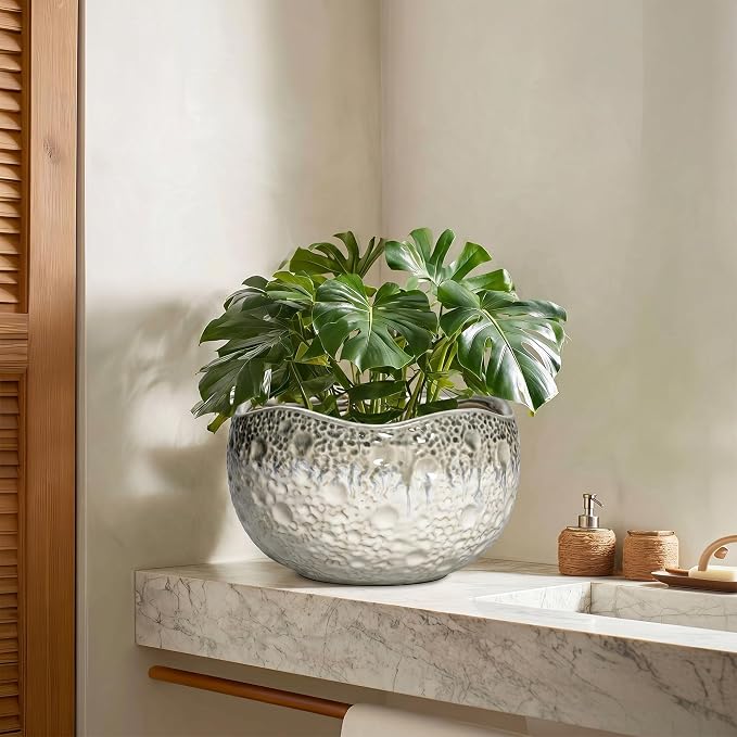 10 Inch Plant Pot - Ceramic Pots for Plants with Drainage Hole and Plug, Unique Flower Pots for Indoor Plants Outdoor, Modern Decorative Flower Pot, Office Decor, Garden Gifts, Beige-Grey