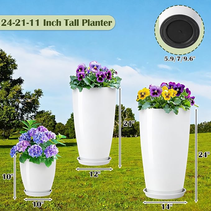 24-21-11 Inch Tall Planters Set of 3, Indoor Outdoor White Round Planter with Drainage Hole and Saucer, Large Decorative Plant Pots for Home Garden Porch (White)