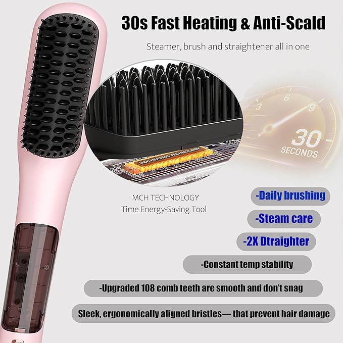 Steam Hair Straightener Brush, 3-in-1 Hair Straightening Brush for Frizzy, Curly & Thick Hair and Short Hair, Steamer Straightener Brush for Anti-Frizz, Steamer for Reduced Heat Damage, Dual Voltage