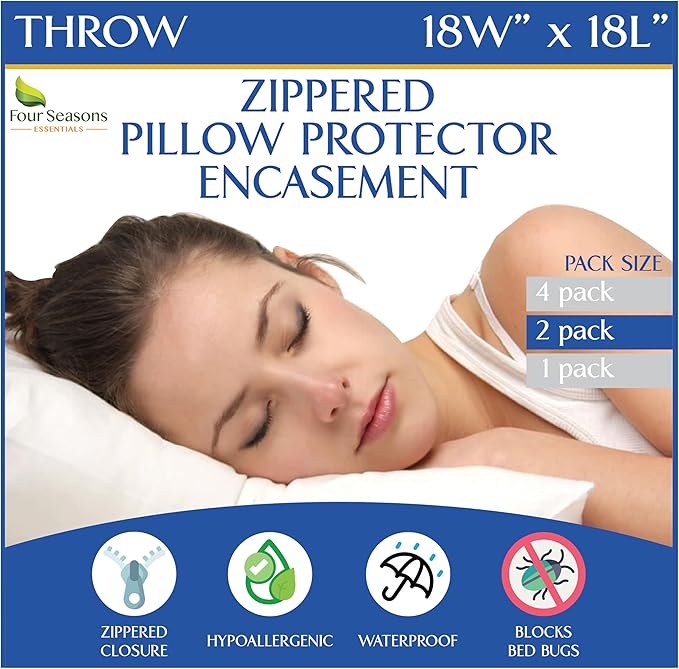 Throw Pillow Covers (Set of 2) - Square 18x18 Pillow Protectors Waterproof Hypoallergenic Dust Proof Zippered Encasement