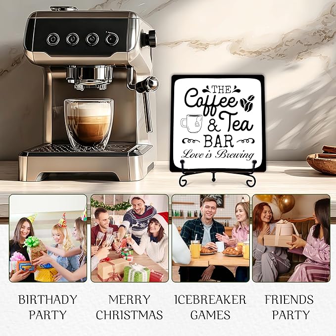 Coffee Bar Sign, Love is Brewing Farmhouse Tabletop Decor, Coffee and Tea Lover Gifts, 5x5 Wood Plaque with Iron Stand for Home Kitchen Cafe, Coffee Bar Decor – L06