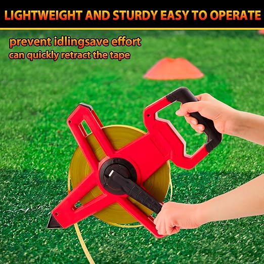 328ft/100m Open Reel Long Tape Measure, 1/2" Nylon-Coated Steel Blade, Dual Inch/Metric Scales, ABS Impact-Resistant Case for Construction, Surveying Red