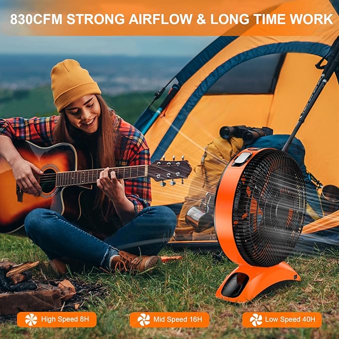45000mAh Big Battery Powered Camping Fan, 12-Inch Blades Portable Rechargeable Outdoor Fan with LED Light, 3 Speeds Cordless Floor Fan with Remote and Timer for Garage, Patio, RV