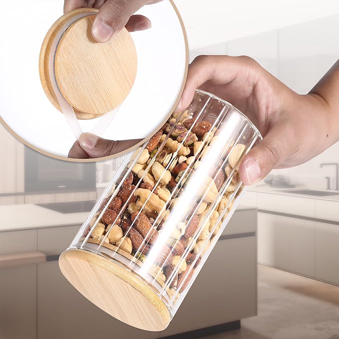 Steviieden 24 FL OZ Airtight Glass Jars with Bamboo Spoons Lids Overnight Oats Container Decorative Coffee Bar Food Storage Jar Cereal Nuts Salts Coffee Tea Flour Sugar Container Spice Jars (2Pack)
