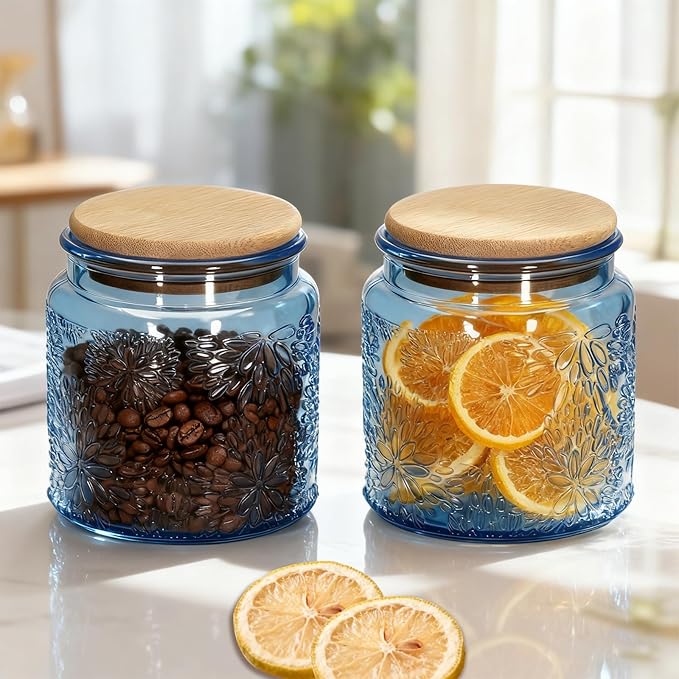 1Pc Snowflakes Style Vintage Glass Candy Jar with Airtight Bamboo Lid, Kitchen Storage Canister for Sugar, Coffee, Tea, Cookies, Bath Salt - Decorative Mason Jar for Pantry & Counter (1, Blue, 17oz)