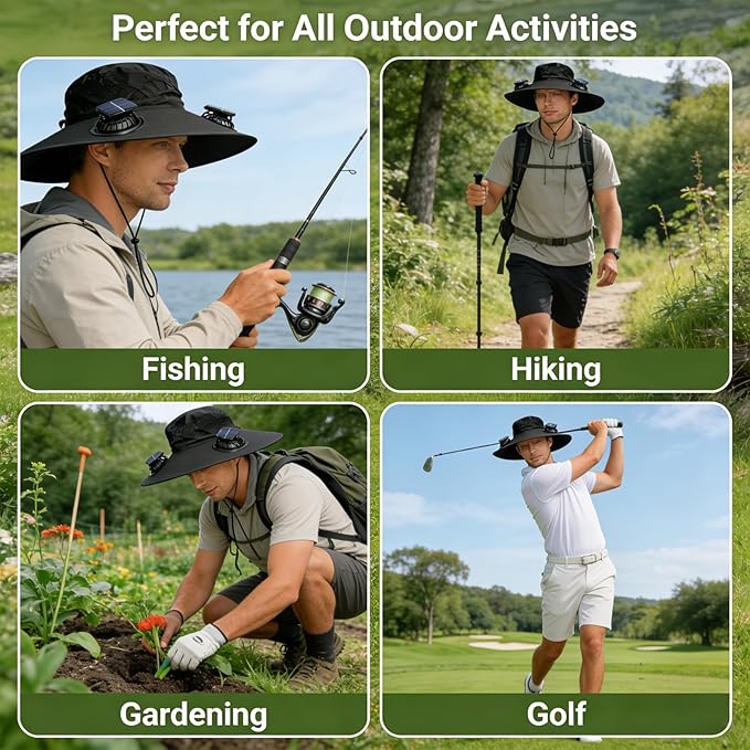 Solar Fan Hat, Hat with Fans Solar Power,Solar Powered Fan Hat for Outdoor Fishing, Hiking Gardening, USB Solar Charging Includes 2 Solar Fans(Black-XL)