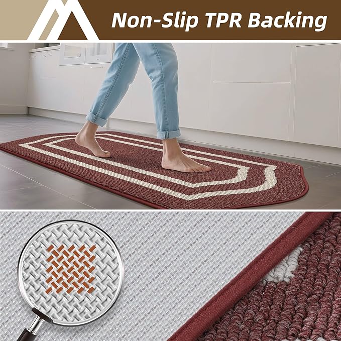 COSY HOMEER Long Kitchen Floor Mats for in Front of Sink Super Absorbent Kitchen Rugs and Mats 24"x48"+24"x59"Non-Skid Kitchen Mat Standing Mat Washable,Polypropylene,Red,Frame