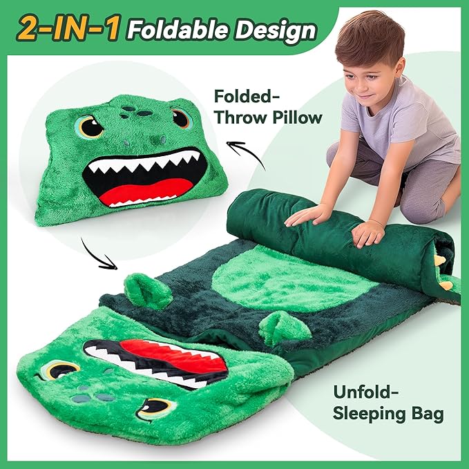 iPlay, iLearn Kids Dinosaur Sleeping Bag, Toddler Boys Dinos Nap Mat, Plush Animal Slumber Bag, 2 In 1 Daycare Preschool Kindergarten Birthday Gift Travel Sleepover for 3 4 5 6 7 8 10 12 Yr Child Teen